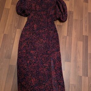 Leopard puff sleeve midi open back dress